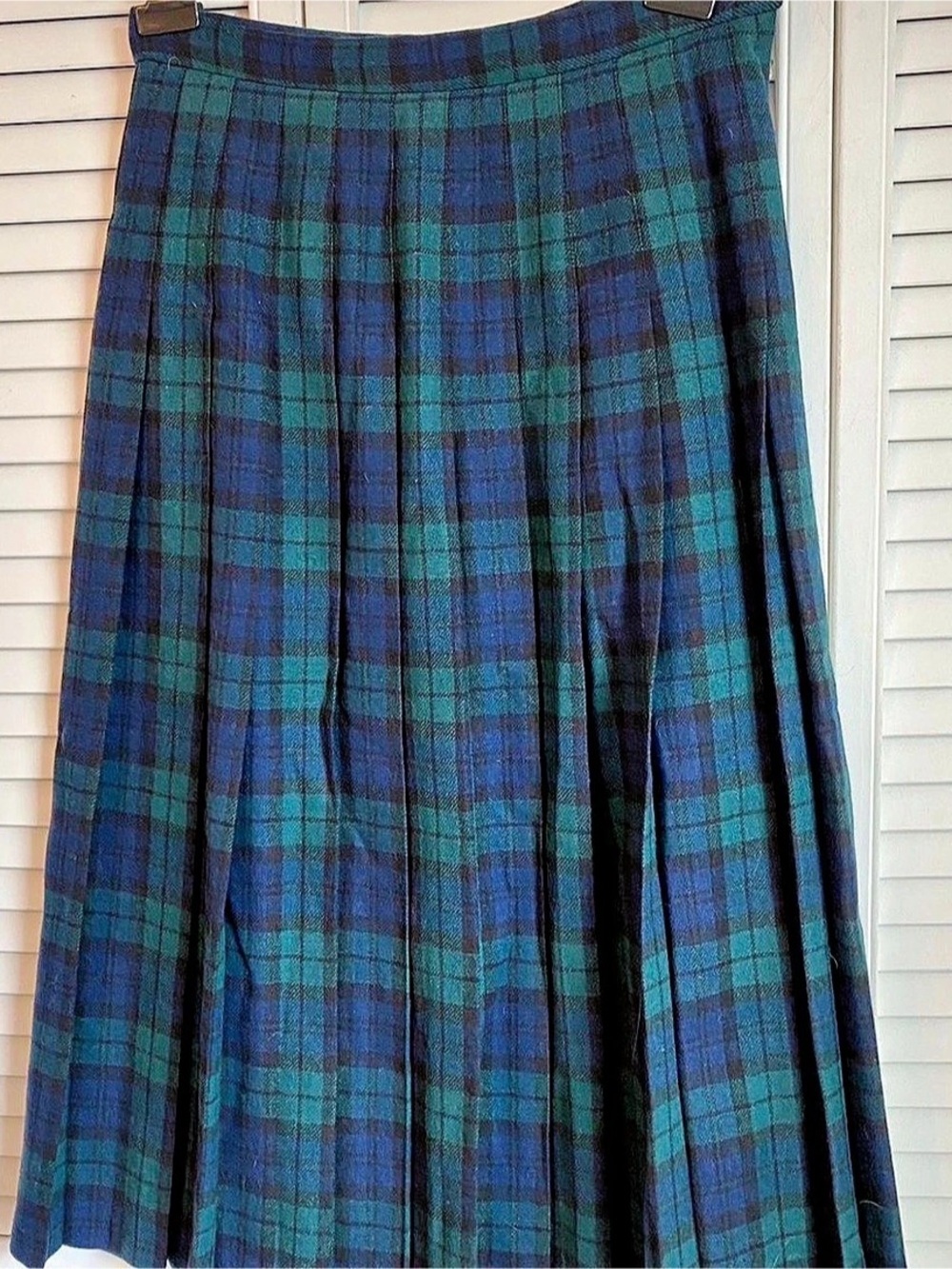 Vintage Pendleton Black Watch Tartan Pleated Wool Midi Skirt Size 8 Blue USA